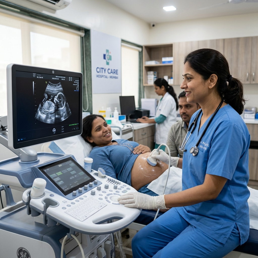 Dr. Bhavya Sareen performing fetal ultrasound at The Fetal Medicine Clinic, Begusarai