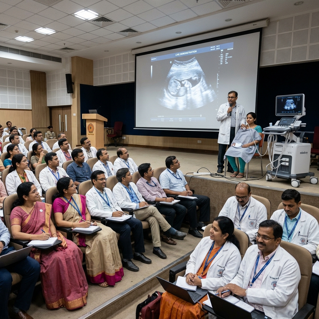 SFM Bihar Chapter CME and live workshop at Darbhanga Medical College — doctors attending ultrasound demonstration